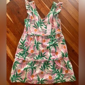 C.C Linen Blend Tiered Dress with Pink and Green Tropical Leave pattern
